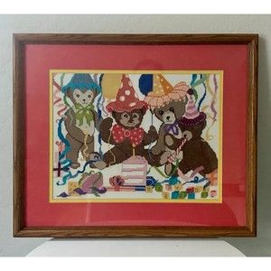 Framed Cross Stitch Happy Birthday Bears